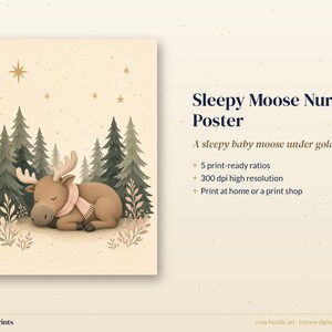 Moose Nursery Print, Sleepy Baby Moose Woodland Wall Art, Sage Green Printable, Gender Neutral Decor image 3
