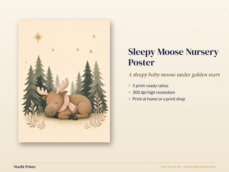 Moose Nursery Print, Sleepy Baby Moose Woodland Wall Art, Sage Green Printable, Gender Neutral Decor image 3