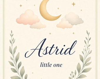 Könnte beinhalten: Ein rechteckiger Druck mit dem Text HELLO, Astrid und little one in dunkelblauer Schrift. Das Design zeigt eine goldene Mondsichel, zartrosa und graue Wolken, kleine goldene Sterne sowie zwei grüne Blattzweige an den Seiten.