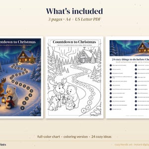 Christmas Countdown for Kids Printable, Advent Calendar Chart to Color, Nordic Moose Penguin Advent Activity, 24 Days PDF A4 Letter image 3