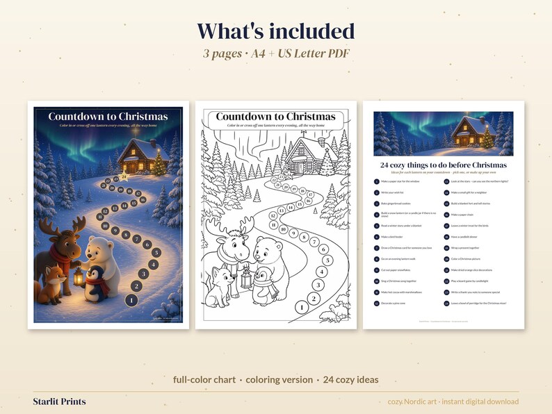 Christmas Countdown for Kids Printable, Advent Calendar Chart to Color, Nordic Moose Penguin Advent Activity, 24 Days PDF A4 Letter image 3