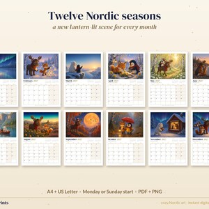 2027 Printable Calendar, Nordic Animal Monthly Wall Calendar, Cute Moose Penguin Fox Art, A4 and US Letter PDF, Monday or Sunday Start image 2