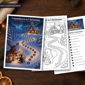 Christmas Countdown for Kids Printable, Advent Calendar Chart to Color, Nordic Moose Penguin Advent Activity, 24 Days PDF A4 Letter image 1