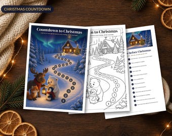 Weihnachtscountdown für Kinder zum Ausdrucken, Adventskalender zum Ausmalen, Nordische Elch-Pinguin-Adventsaktivität, 24 Tage PDF A4
