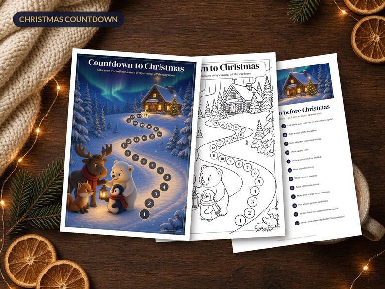 Christmas Countdown for Kids Printable, Advent Calendar Chart to Color, Nordic Moose Penguin Advent Activity, 24 Days PDF A4 Letter image 1