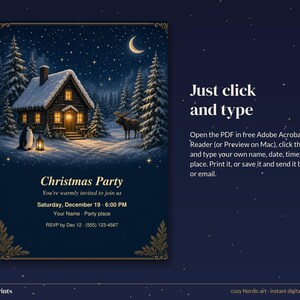 Editable Christmas Party Invitation, Cozy Cabin Holiday Invite Template, Navy and Gold Printable 5x7 image 6