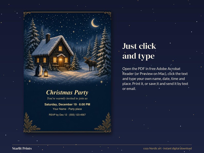 Editable Christmas Party Invitation, Cozy Cabin Holiday Invite Template, Navy and Gold Printable 5x7 image 6