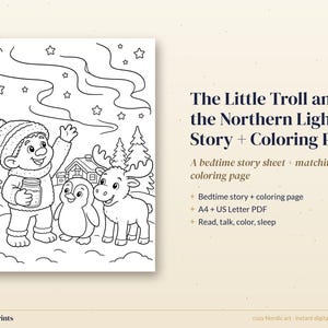 Bedtime Story for Kids with Coloring Page, Printable Troll and Northern Lights Story, Nordic Folklore image 3