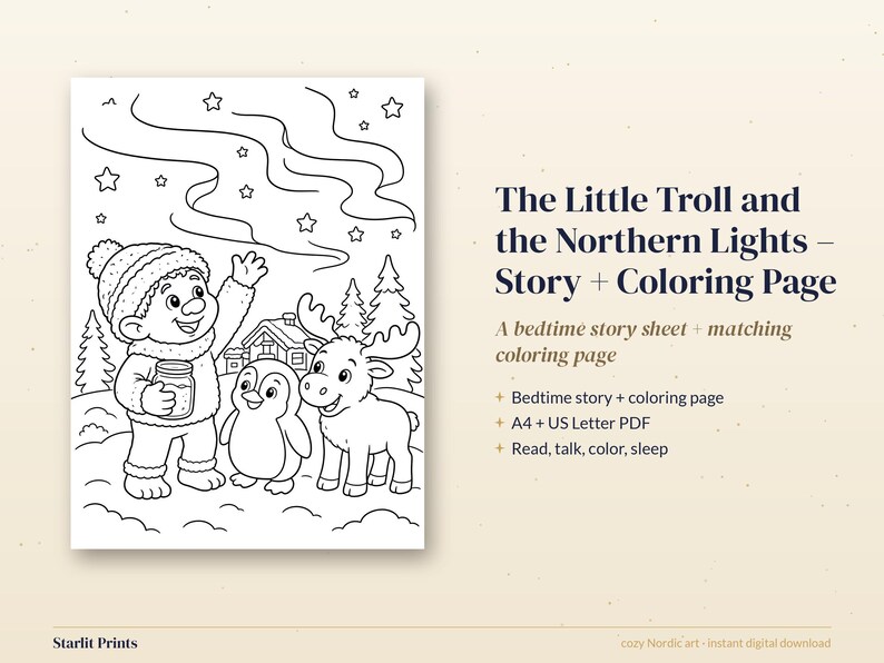Bedtime Story for Kids with Coloring Page, Printable Troll and Northern Lights Story, Nordic Folklore image 3
