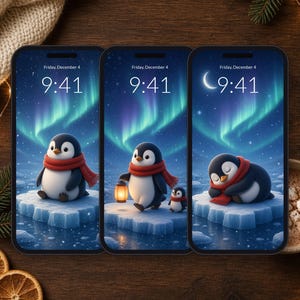 Conjunto de 5 fondos de pantalla de pingüinos para teléfono, lindo fondo de pantalla de auroras boreales para iPhone, fondo de pantalla de pingüinos en 4K para escritorio imagen 2