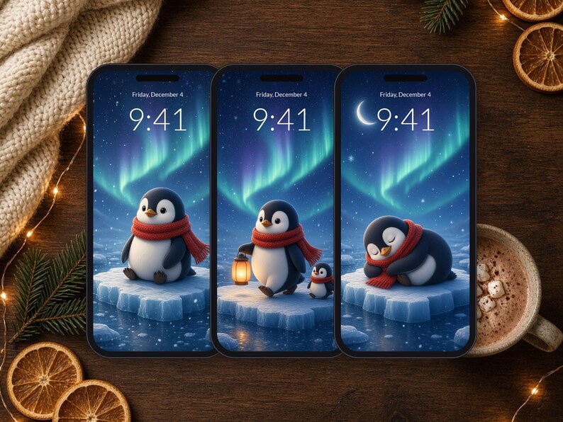 Conjunto de 5 fondos de pantalla de pingüinos para teléfono, lindo fondo de pantalla de auroras boreales para iPhone, fondo de pantalla de pingüinos en 4K para escritorio imagen 2