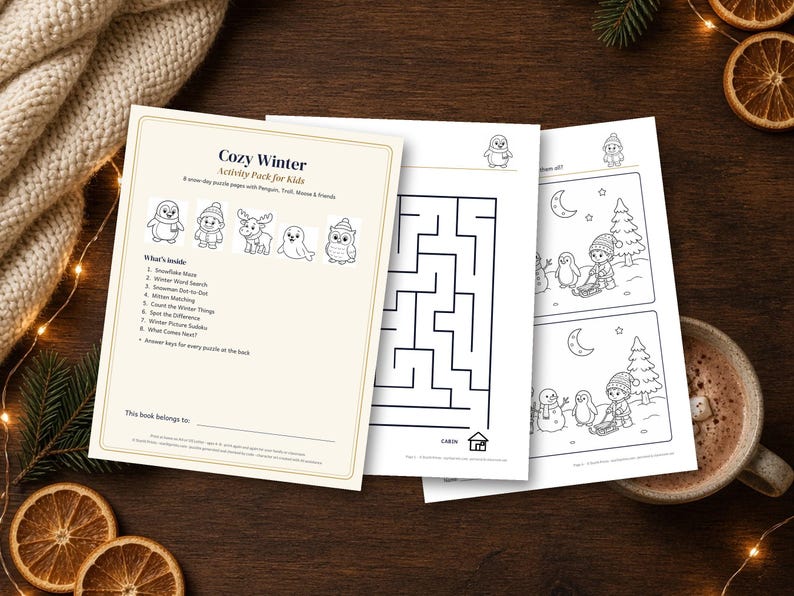 Winter Activity Pages for Kids, 8 Printable Worksheets, Maze, Dot to Dot, Word Search, Answer Key image 2
