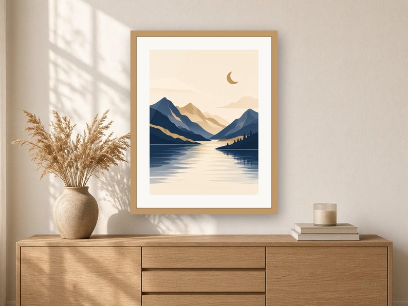 May include: A framed wall art print featuring a landscape illustration of dark blue mountains and a calm lake under a pale sky with a crescent moon. The artwork is displayed in a light wood frame, showcasing a serene scene with layered peaks.