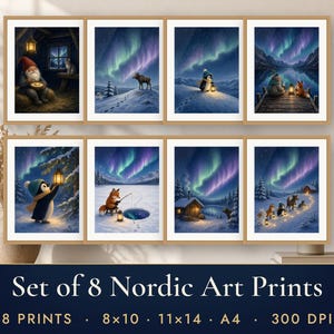 Gallery Wall Set of 8 Printable Wall Art, Nordic Winter Art Prints, Northern Lights Penguin Moose Fox Illustrations, Christmas Decor