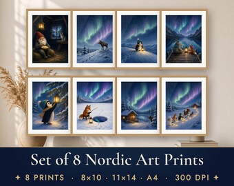 Gallery Wall Set of 8 Printable Wall Art, Nordic Winter Art Prints, Northern Lights Penguin Moose Fox Illustrations, Christmas Decor