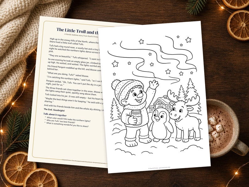 Bedtime Story for Kids with Coloring Page, Printable Troll and Northern Lights Story, Nordic Folklore image 2
