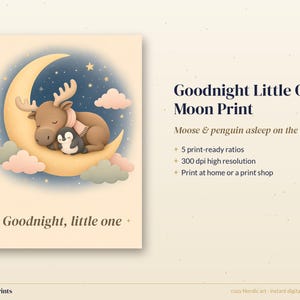 Lámina infantil celestial, cuadro de buenas noches con la luna y las estrellas, decoración imprimible de alce bebé y pingüino imagen 3