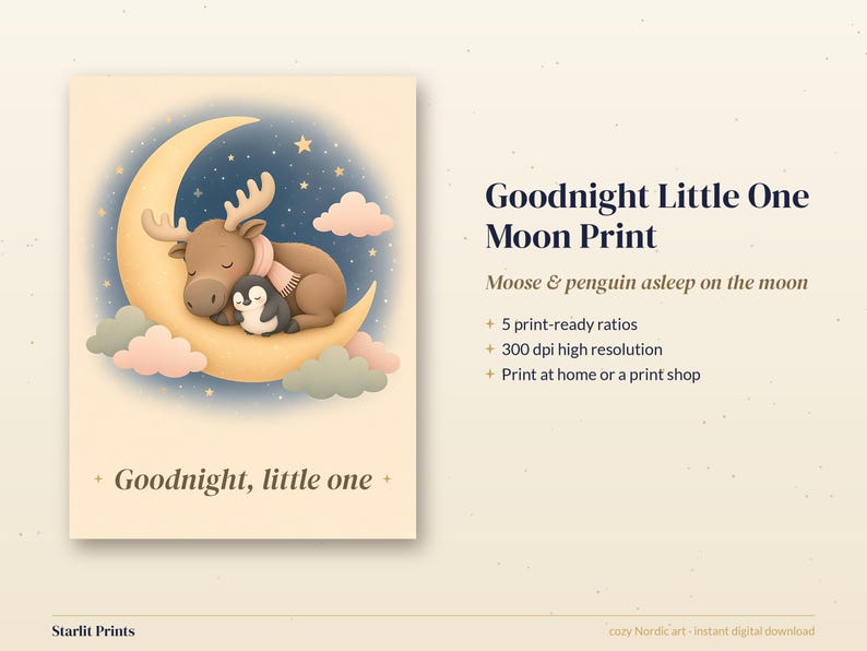 Lámina infantil celestial, cuadro de buenas noches con la luna y las estrellas, decoración imprimible de alce bebé y pingüino imagen 3