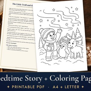 Bedtime Story for Kids with Coloring Page, Printable Troll and Northern Lights Story, Nordic Folklore image 1