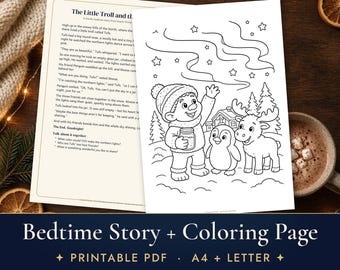 Bedtime Story for Kids with Coloring Page, Printable Troll and Northern Lights Story, Nordic Folklore