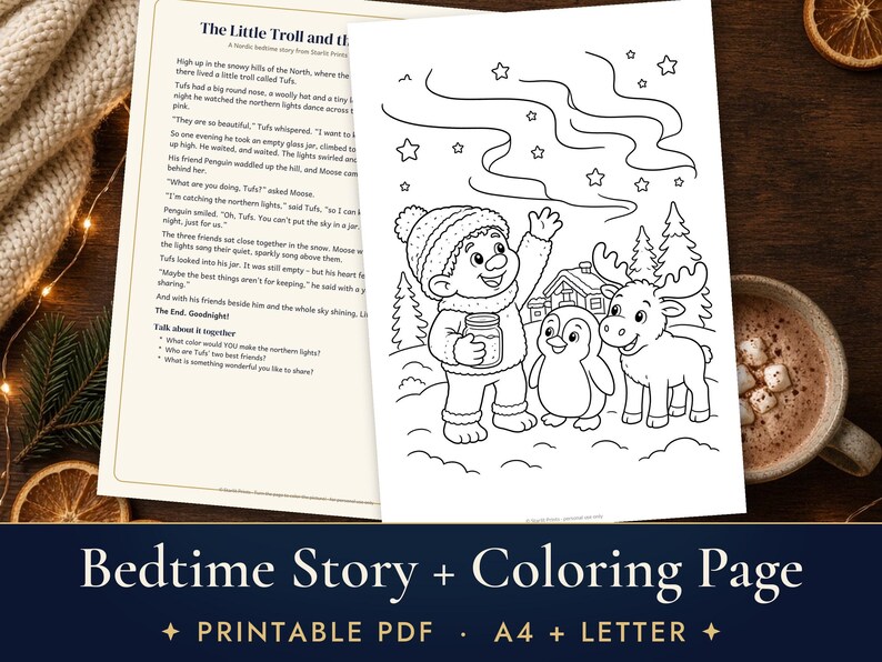 Bedtime Story for Kids with Coloring Page, Printable Troll and Northern Lights Story, Nordic Folklore image 1