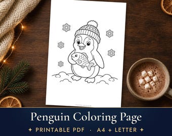 Penguin Coloring Page for Kids, Cute Winter Printable Coloring Sheet, Easy Toddler Coloring PDF