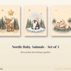 Nursery Prints Set of 3, Nordic Baby Animals Wall Art, Moose Penguin Seal Printable, Sage and Blush Decor image 3