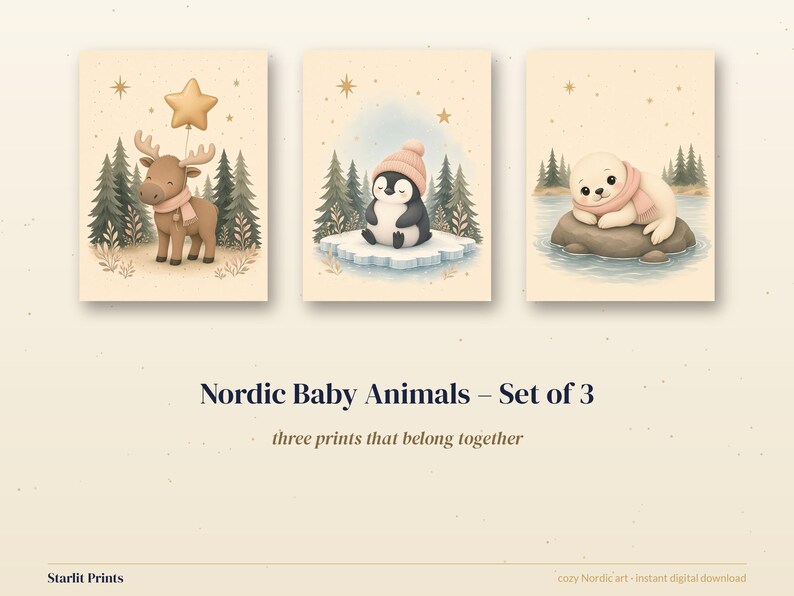 Nursery Prints Set of 3, Nordic Baby Animals Wall Art, Moose Penguin Seal Printable, Sage and Blush Decor image 3