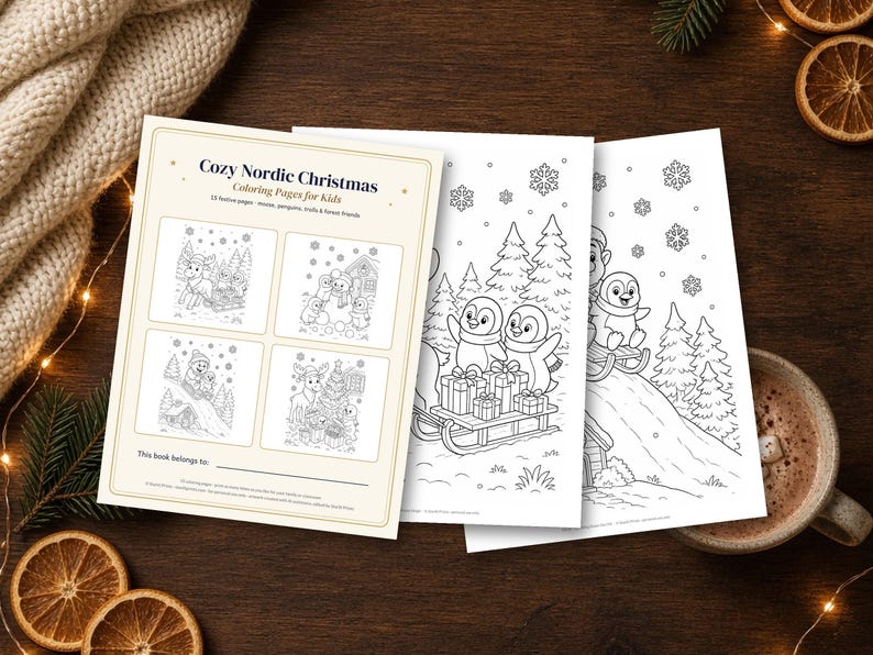 Disegni di Natale da colorare per bambini, 15 fogli da colorare stampabili con alci e pinguini, attività per le vacanze in formato PDF immagine 2