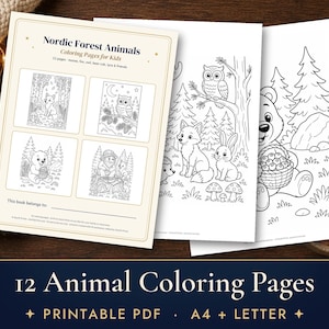 Woodland Animal Coloring Pages for Kids, 12 Printable Nordic Forest Coloring Sheets, Moose Fox Owl PDF image 1