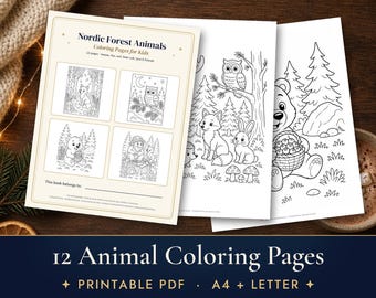 Woodland Animal Coloring Pages for Kids, 12 Printable Nordic Forest Coloring Sheets, Moose Fox Owl PDF