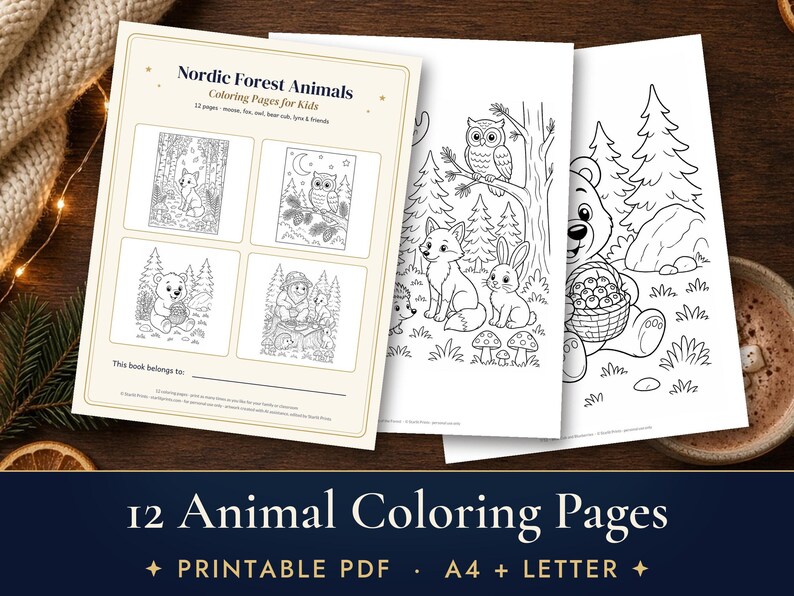 Woodland Animal Coloring Pages for Kids, 12 Printable Nordic Forest Coloring Sheets, Moose Fox Owl PDF image 1
