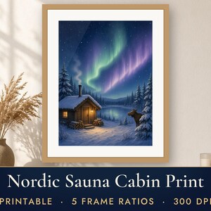 Saunadecoratie muurkunst printbaar, Scandinavische saunahut kunstprint, besneeuwde hut noorderlicht illustratie, eland winterbos
