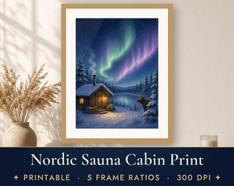 Saunadecoratie muurkunst printbaar, Scandinavische saunahut kunstprint, besneeuwde hut noorderlicht illustratie, eland winterbos