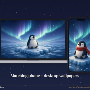 Conjunto de 5 fondos de pantalla de pingüinos para teléfono, lindo fondo de pantalla de auroras boreales para iPhone, fondo de pantalla de pingüinos en 4K para escritorio imagen 3