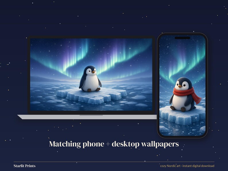 Conjunto de 5 fondos de pantalla de pingüinos para teléfono, lindo fondo de pantalla de auroras boreales para iPhone, fondo de pantalla de pingüinos en 4K para escritorio imagen 3