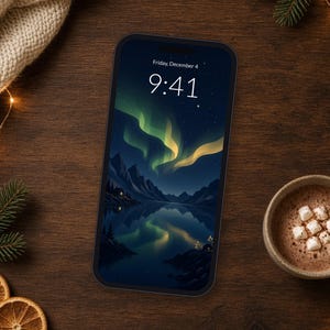 オーロラのスマホ壁紙、オーロラフィヨルドのiPhone背景、ダークな北欧風4Kデスクトップ壁紙 画像 2