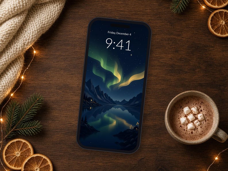 オーロラのスマホ壁紙、オーロラフィヨルドのiPhone背景、ダークな北欧風4Kデスクトップ壁紙 画像 2