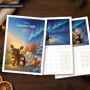2027 Printable Calendar, Nordic Animal Monthly Wall Calendar, Cute Moose Penguin Fox Art, A4 and US Letter PDF, Monday or Sunday Start image 1