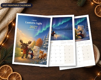 Druckbarer Kalender 2027, Nordischer Tierkalender für die Wand, Niedliche Elch-, Pinguin- und Fuchsmotive, A4- und US-Letter-PDF, Start am Montag oder Sonntag