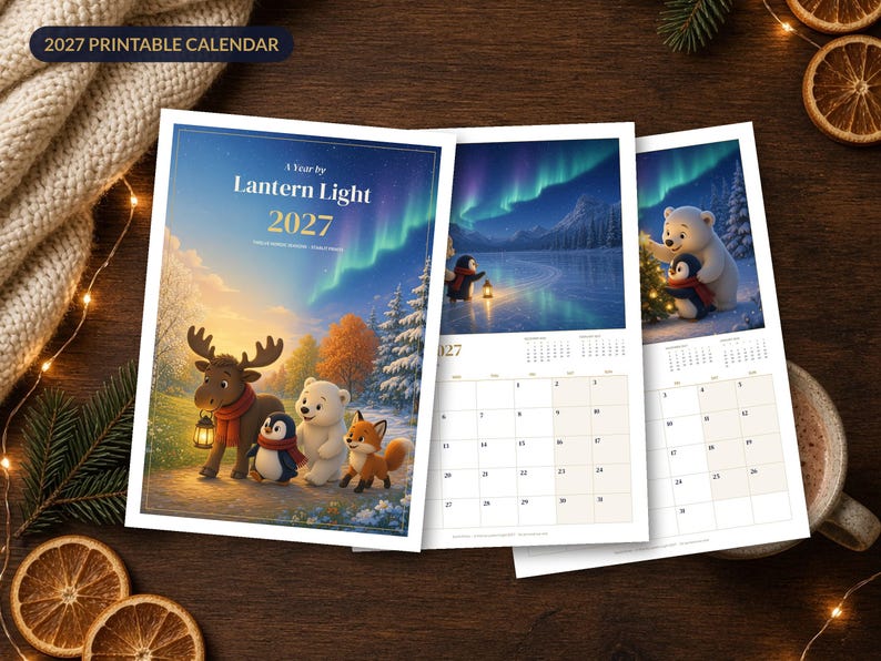 2027 Printable Calendar, Nordic Animal Monthly Wall Calendar, Cute Moose Penguin Fox Art, A4 and US Letter PDF, Monday or Sunday Start image 1