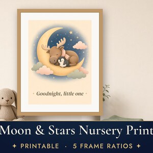 Lámina infantil celestial, cuadro de buenas noches con la luna y las estrellas, decoración imprimible de alce bebé y pingüino imagen 1