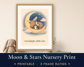 Celestial Nursery Print, Goodnight Moon and Stars Wall Art, Baby Moose and Penguin Printable Decor