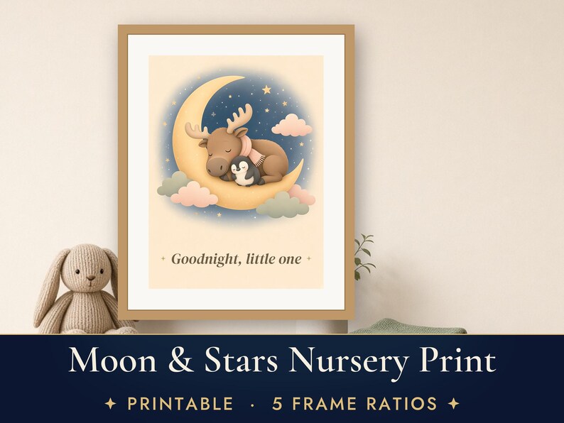 Lámina infantil celestial, cuadro de buenas noches con la luna y las estrellas, decoración imprimible de alce bebé y pingüino imagen 1