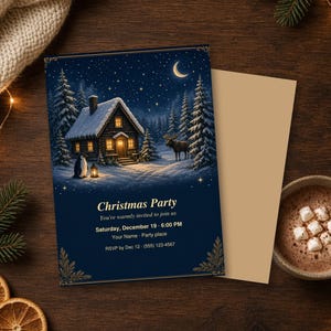 Editable Christmas Party Invitation, Cozy Cabin Holiday Invite Template, Navy and Gold Printable 5x7 image 2