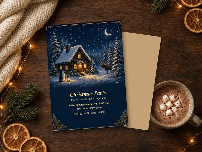 Editable Christmas Party Invitation, Cozy Cabin Holiday Invite Template, Navy and Gold Printable 5x7 image 2