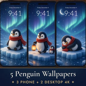 Conjunto de 5 fondos de pantalla de pingüinos para teléfono, lindo fondo de pantalla de auroras boreales para iPhone, fondo de pantalla de pingüinos en 4K para escritorio imagen 1