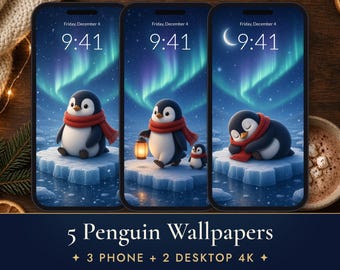 Penguin Phone Wallpaper Set of 5, Cute Northern Lights iPhone Background, Penguin 4K Desktop Wallpaper
