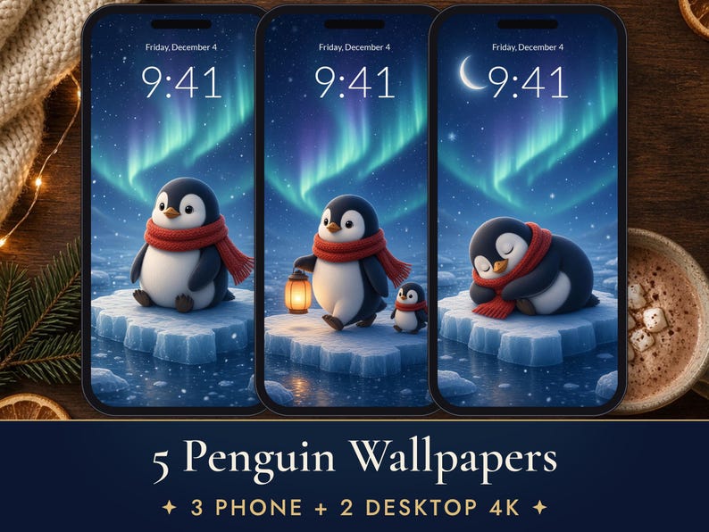 Conjunto de 5 fondos de pantalla de pingüinos para teléfono, lindo fondo de pantalla de auroras boreales para iPhone, fondo de pantalla de pingüinos en 4K para escritorio imagen 1