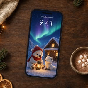 Telefoonachtergrond met ijsbeer, schattige achtergrond met noorderlicht voor iPhone, 4K bureaubladachtergrond met poolvos afbeelding 2